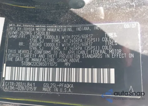 2008 Toyota Sienna Limited из США, поврежденный, VIN 5TDBK22C98S011075